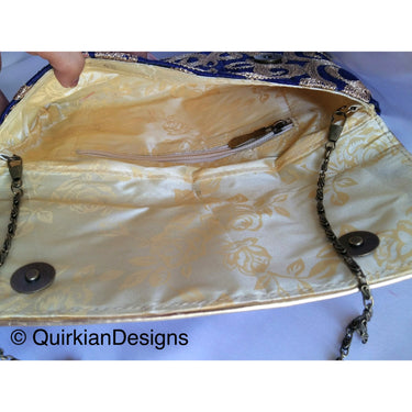 Blue Fabric Clutch Purse With Gold Intricate Embroidery, Wedding Clutch, Party Bag, Blue And Gold Clutch